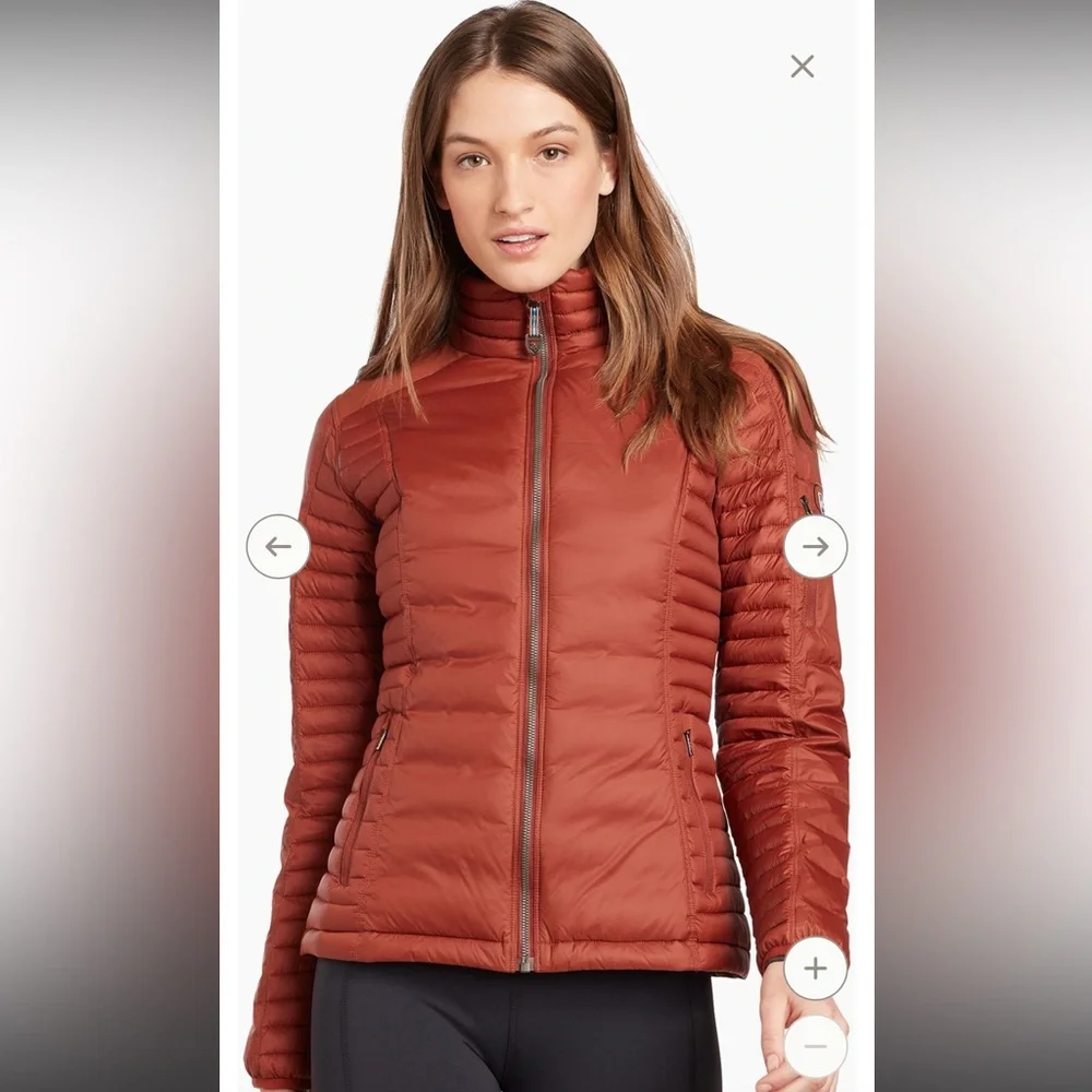 KUHL Spyfire Goose down Jacket cinnamon rust dark orange small puffer NWOT zip - Picture 2 of 15